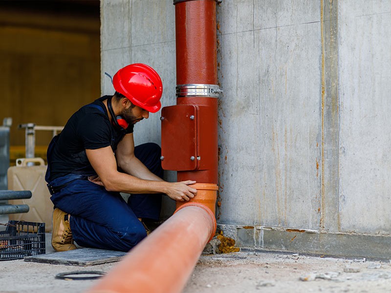 A facilities management professional in hard hat repairs a large pipe in an industrial setting
